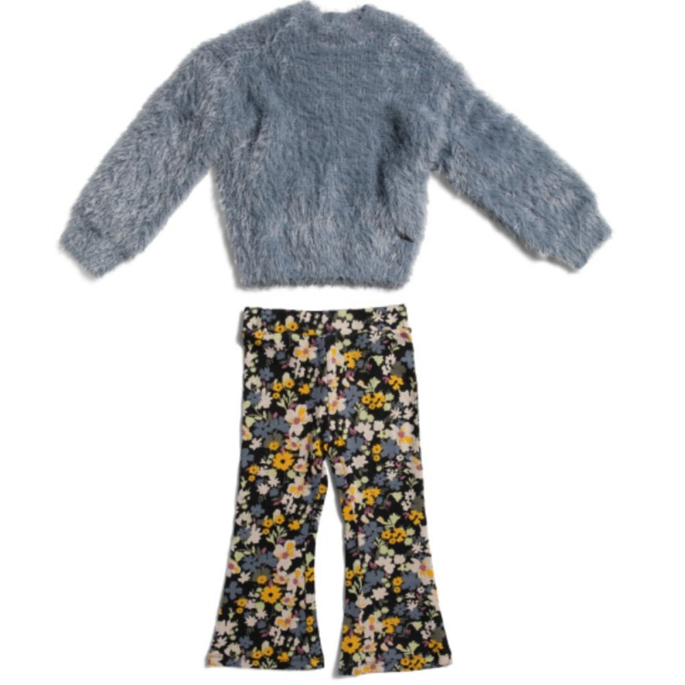 NWT Volcom Girls Long Sleeve Knit Sweater & Flare Floral Pants Set Dusty Blue